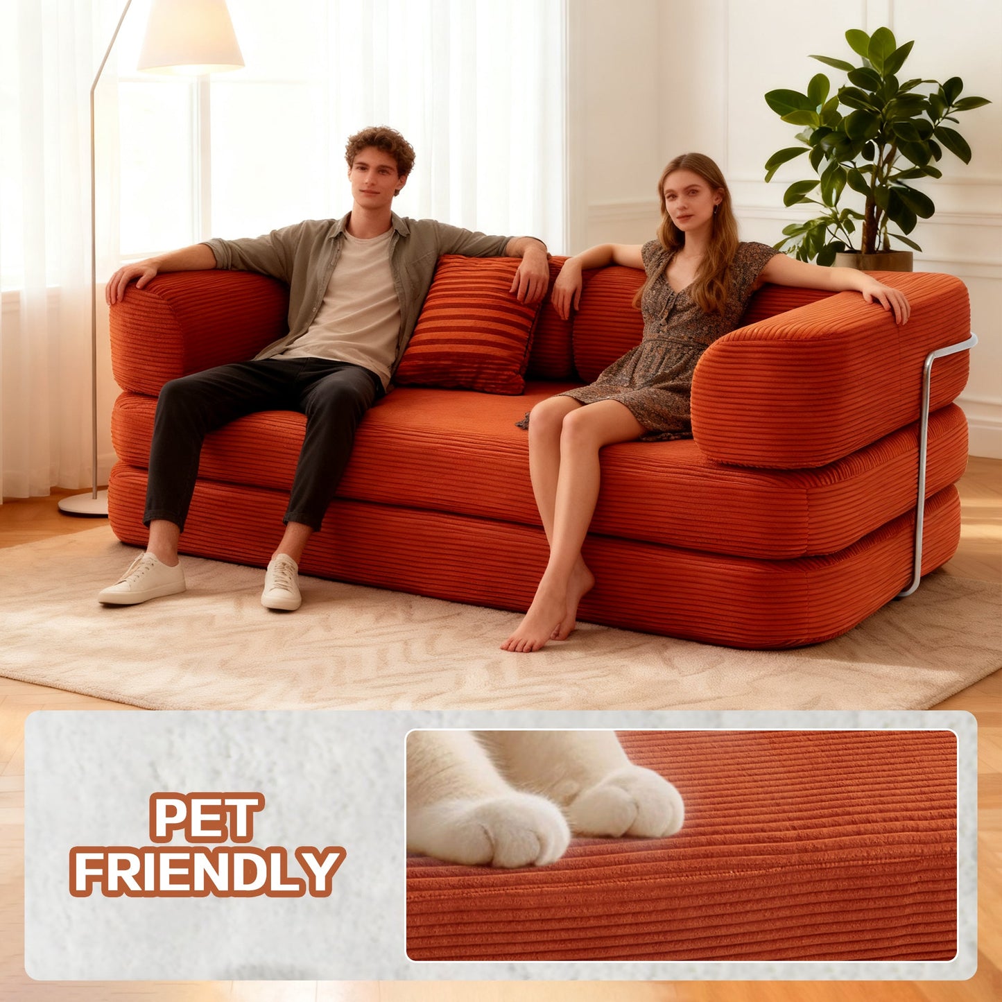 Sofa Bed Convertible 5-in-1 Corduroy Red Floor Steel Frame 74.8 In