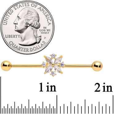 14G Clear CZ Gem Gold Tone Star Burst Industrial Barbell 38mm