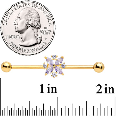 14G Purple CZ Gem Gold Tone Star Burst Industrial Barbell 38mm