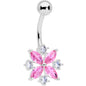 Pink Clear CZ Gem Star Burst Belly Ring