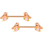 14G 9/16 Rose Gold Tone Bird Pink Flower Barbell Nipple Ring Set