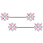 14G 5/8 Pink CZ Gem Star Burst Barbell Nipple Ring Set