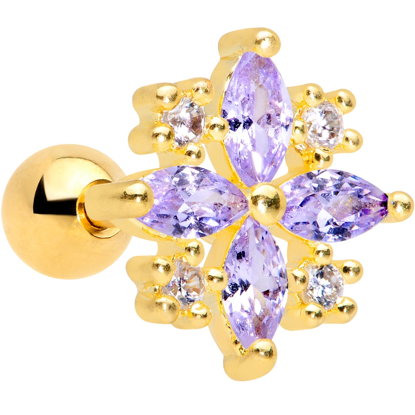 16G 1/4 Clear Purple CZ Gem Gold Tone Star Burst Cartilage Tragus