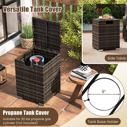 2-Piece Outdoor Rattan Fire Table Set 32 Inch Rectangle Gas Firepit with Tank Cover