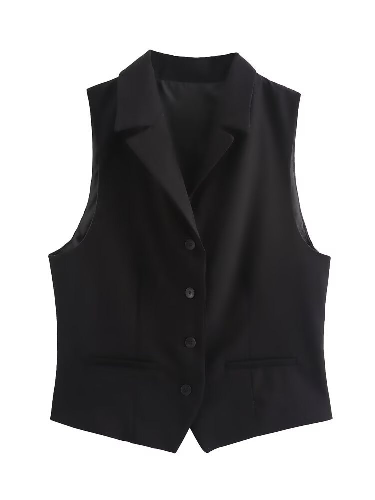 Womens Solid-Color Elegant Lapel Sleeveless Single-Breasted Vest