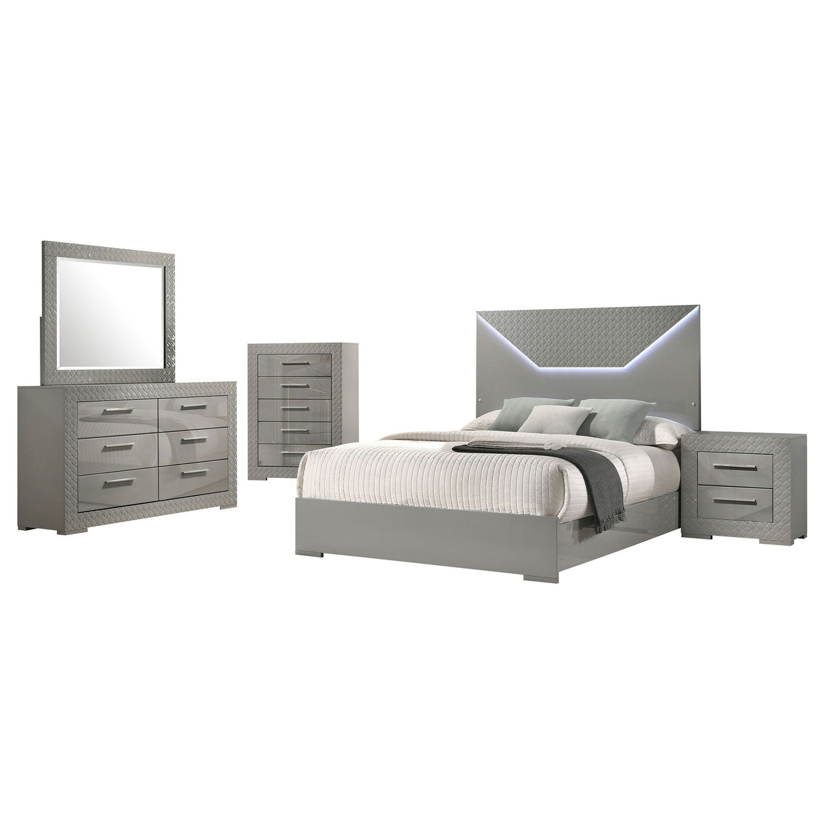 Ives 5-piece Eastern King Bedroom Set Grey High Gloss