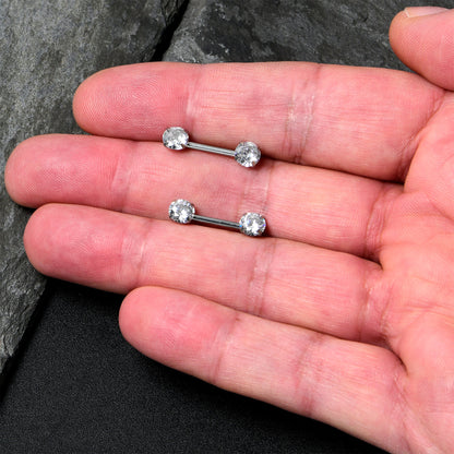 14G 1/2 Clear CZ Gem Threadless Barbell Nipple Ring Set