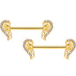 14G 9/16 Clear Gem Gold Tone Angels Wings Barbell Nipple Ring Set