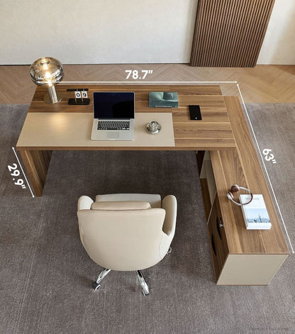 79 Inch L Shaped Desk Lockable Drawers Privacy Panel