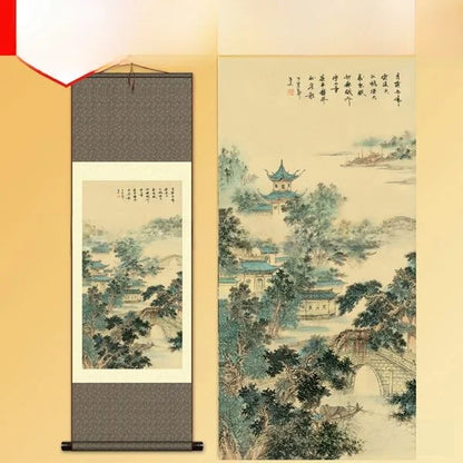 Exquisite Silk Landscape Scroll – Mountain & Water Wall Hanging “Huashan”