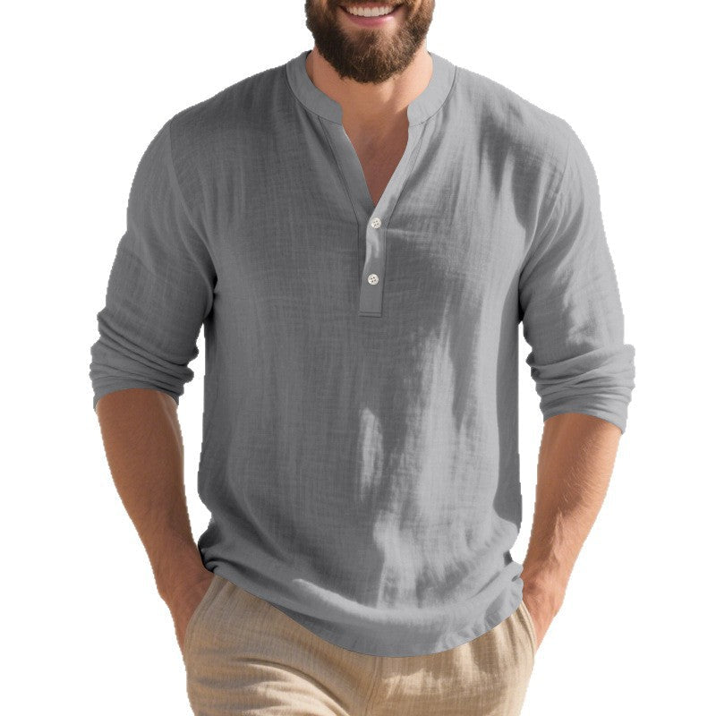 Autumn Linen Men's Long-Sleeve T-Shirt With Stand Collar And Buttons