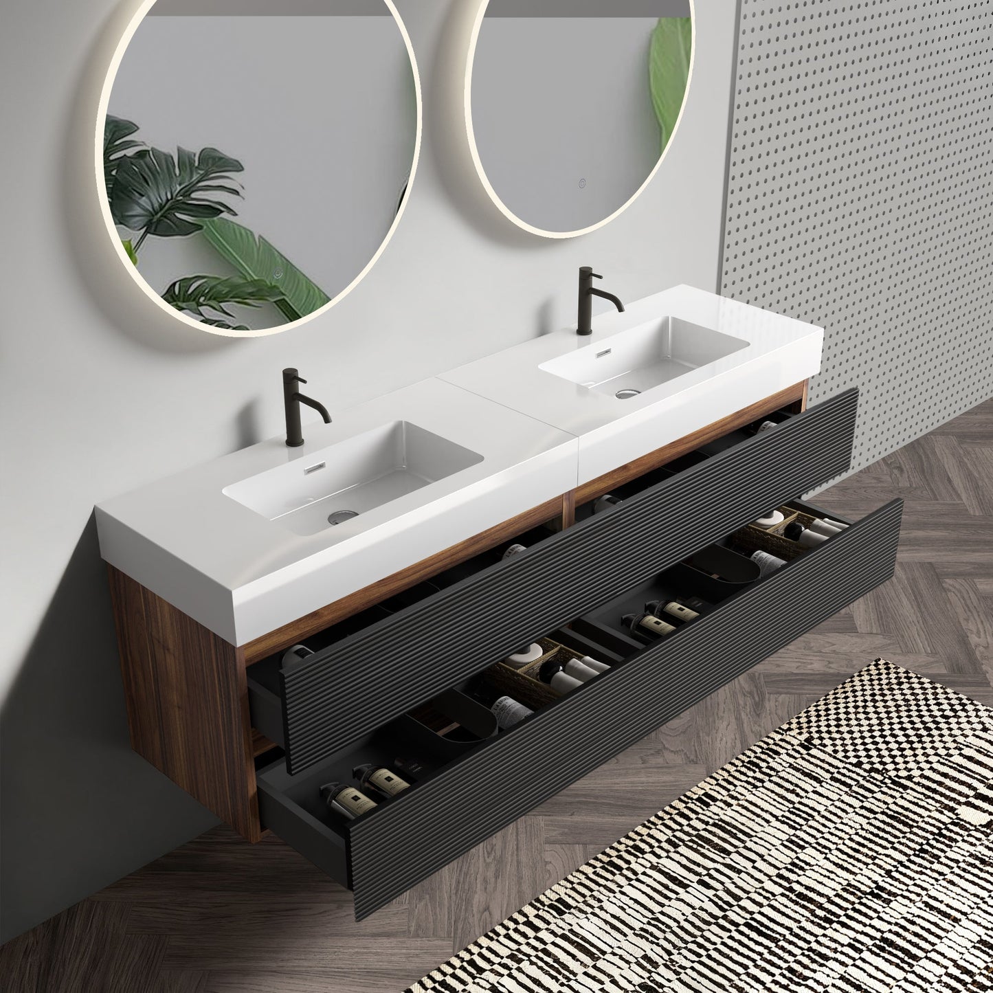 72'' Double Bathroom Vanity with Matt Black Quartz Sink Soft Black Drawers Wall Mount