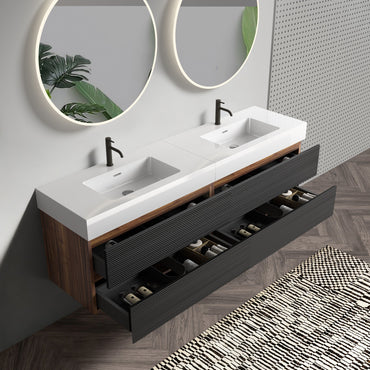 72'' Double Bathroom Vanity with Matt Black Quartz Sink Soft Black Drawers Wall Mount