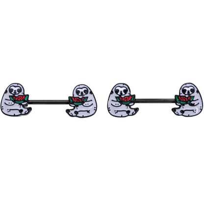 14G 9/16 Black Watermelon Sloth Barbell Nipple Ring Set