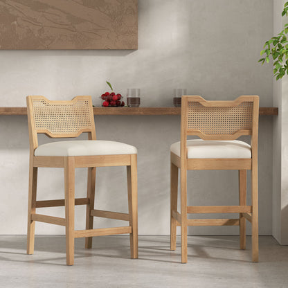 28 in Farmhouse Barstools Set of 2, Upholstered Iron Counter Stools with Rattan Backrest