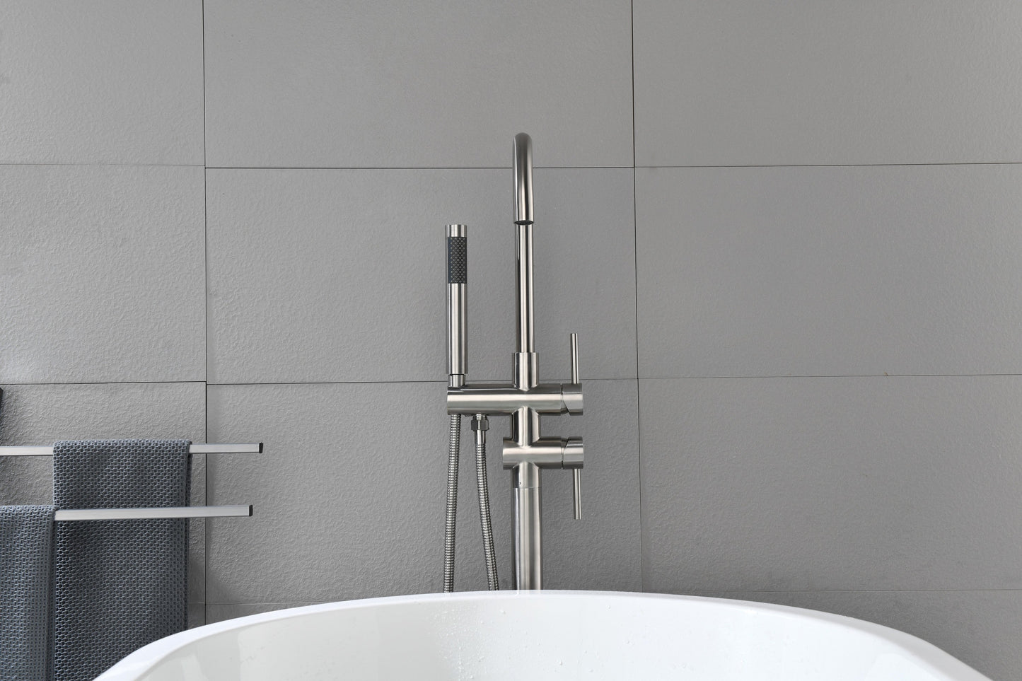 Floor Mounted Tub Faucet High Flow Freestanding Tub Filler with Handheld Shower Swivel