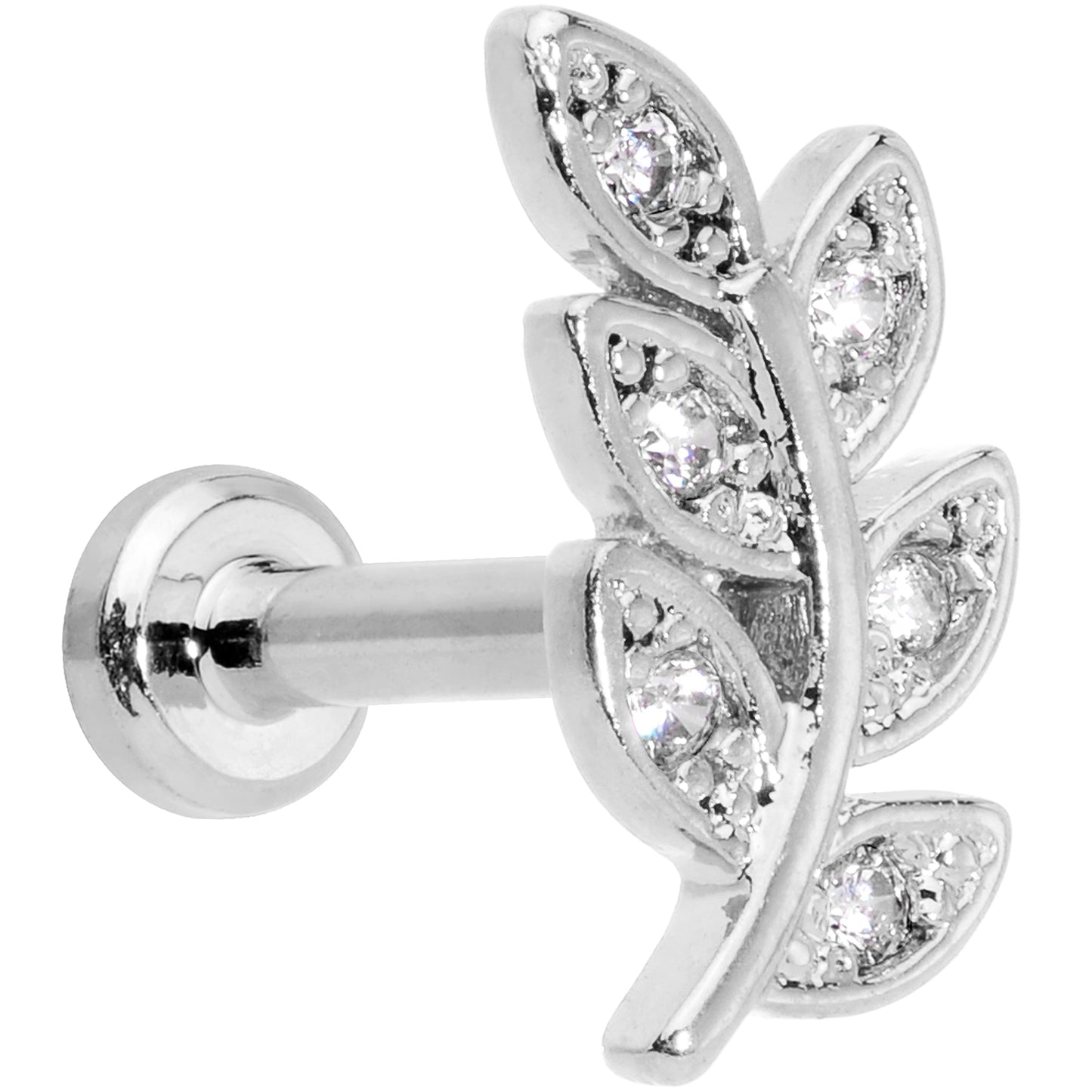 16G 1/4 Clear CZ Gem Leaf Internally Threaded Labret Tragus