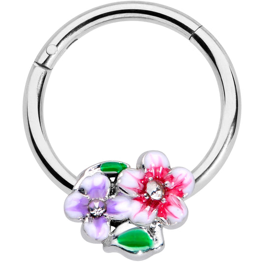 16G 3/8 Clear Gem Fanciful Flowers Hinged Segment Ring