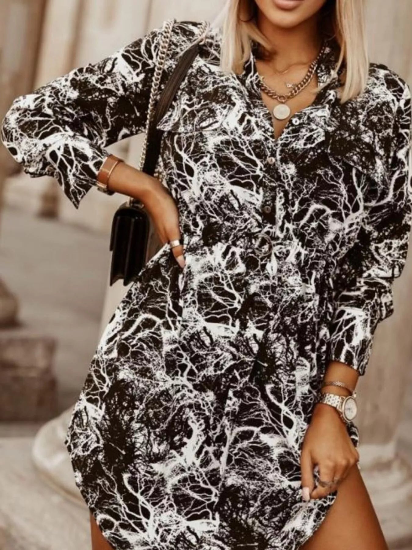Printed Button Front Long Sleeve Dress