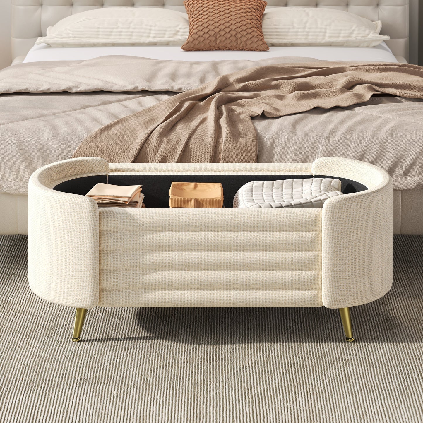 Storage Ottoman Oval Chenille Beige Metal Legs Hidden Storage 44.9x18x18 In