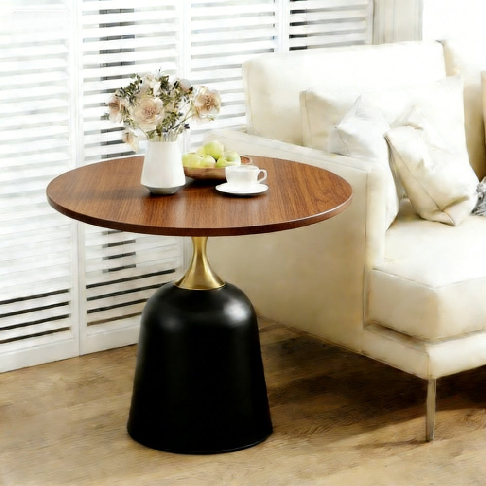 23.6 in Round Side Table, Metal Base, Walnut Wood Grain, Living Room Office