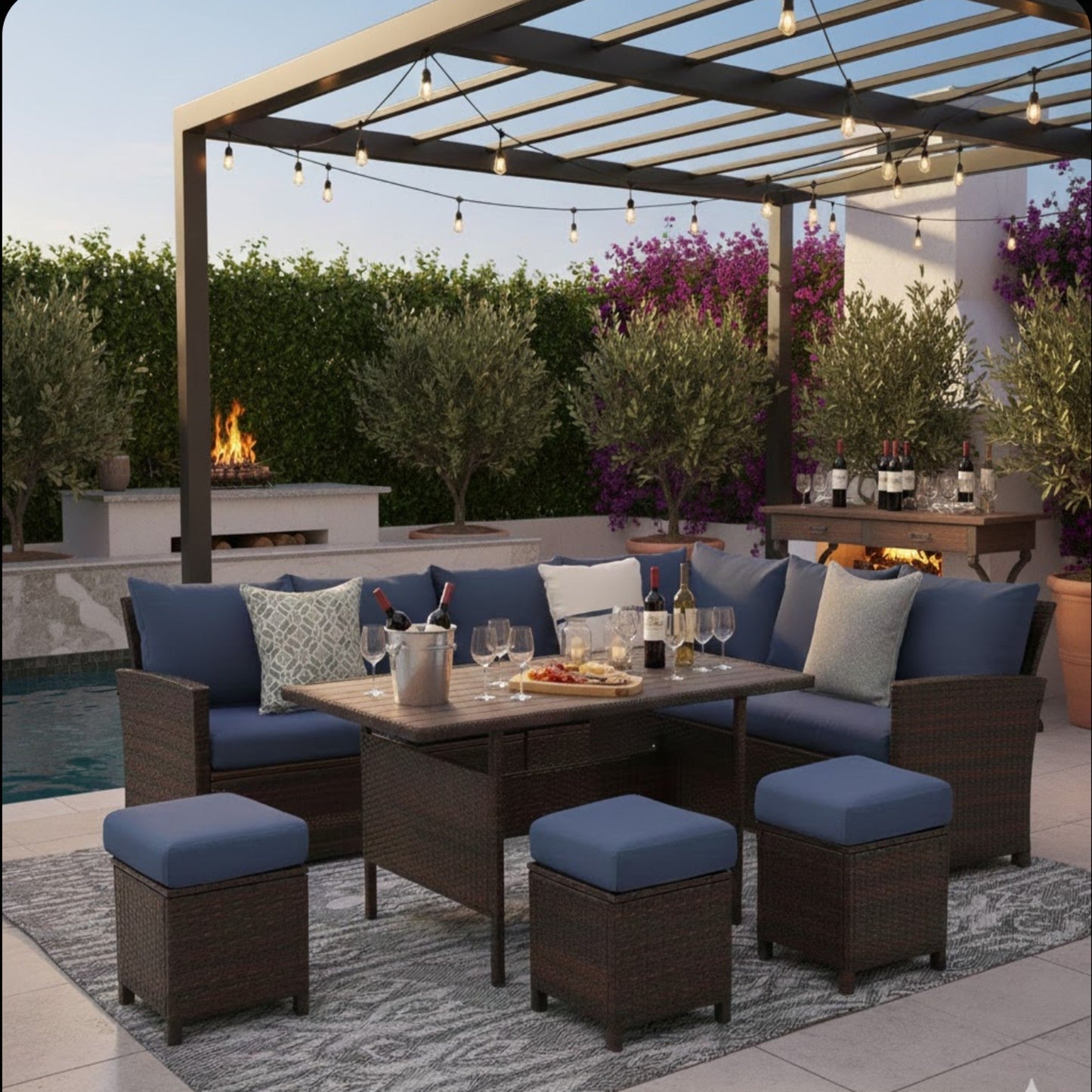 Outdoor Dining Set PE Rattan Brown Blue 7 Piece Seats 8