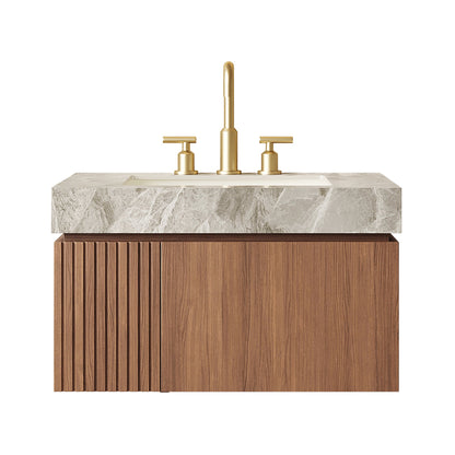 30' Floating Bathroom Vanity with Sintered Stone Top and Ceramic Basin, Brown Oak