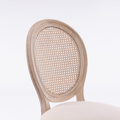 French Style Solid Wood Linen Fabric Rattan Back Dining Chair, Set of 2, Beige