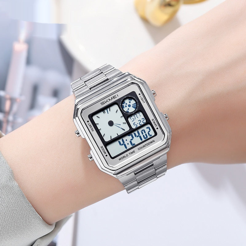 Square Steel-band Golden Waterproof Alarm Clock With A Luminous Digital Display