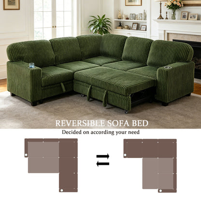 Sofa Bed L-Shape Corduroy Olive Green 5 Seat Pull-Out USB Ports 81 In