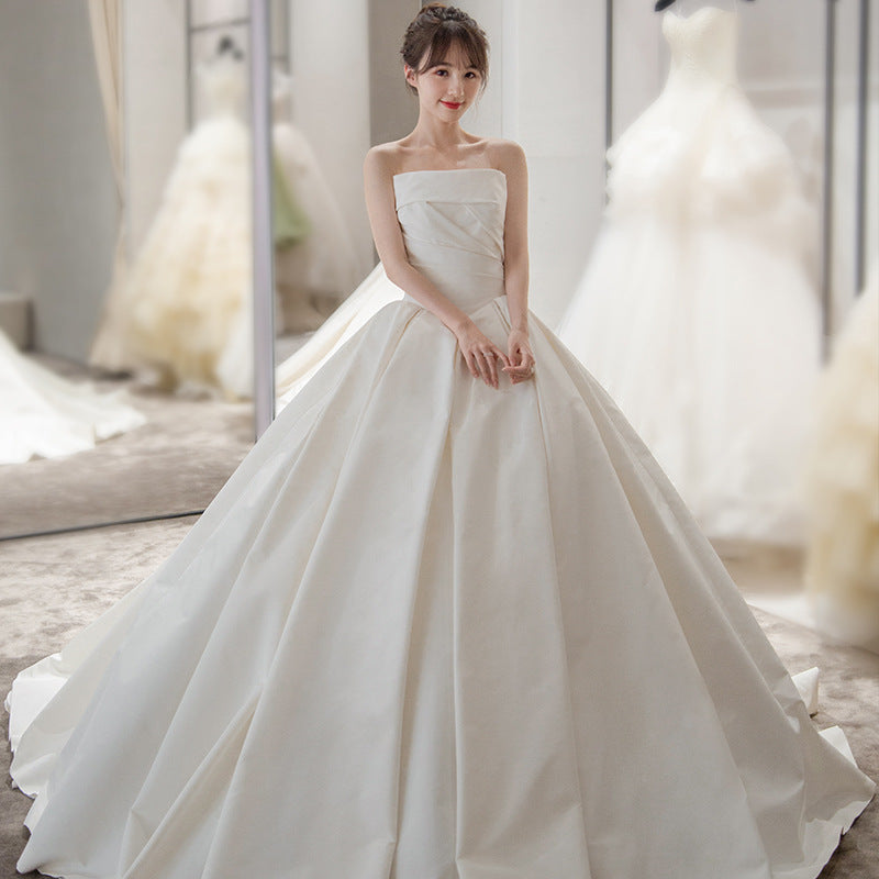 Women's satin tube top French style large tail wedding dress