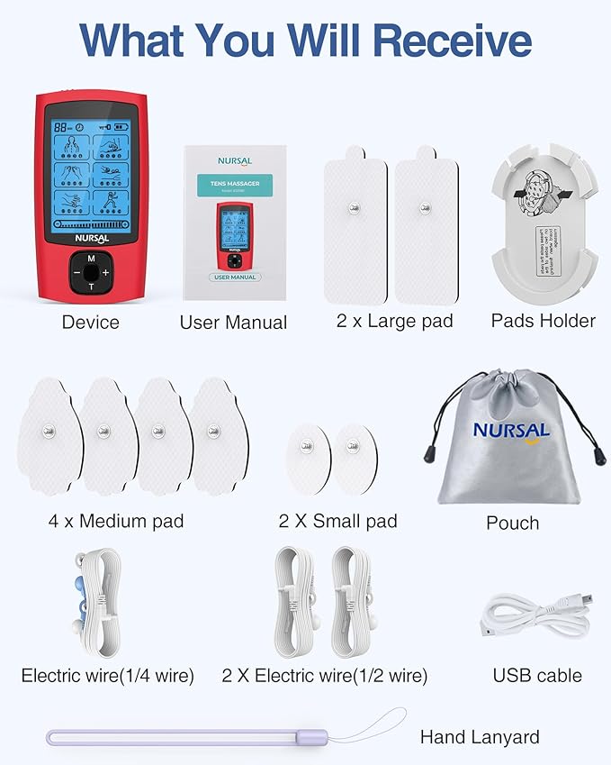 NURSAL 24 Modes TENS Unit Muscle Stimulator, Rechargeable Electronic Pulse Massager with 8 Pads for Back and Shoulder Pain Relief and Muscle Strength (Red)