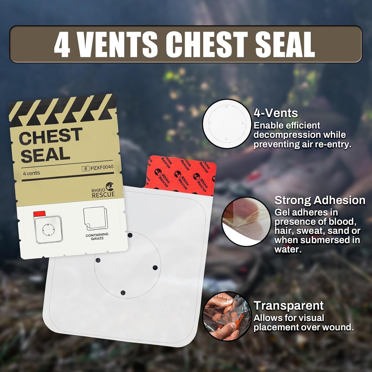 RHINO RESCUE Bundle-Vented Chest Seal, 4 Vents, Sterile Emergency Trauma Dressing, Occlusive Adhesive Pad+Sterile Compressed Gauze for Emergency Wound Dressing, FSA HSA Eligible