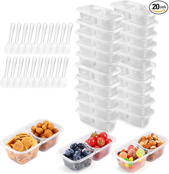 20 Pack Reusable 2-Compartment Snack and Sauce Containers with Lids, Leak-Resistant Dip and Condiment Cups for Meal Prep, Portion Control, Outdoor Use, Freezer & Dishwasher Safe-pink
