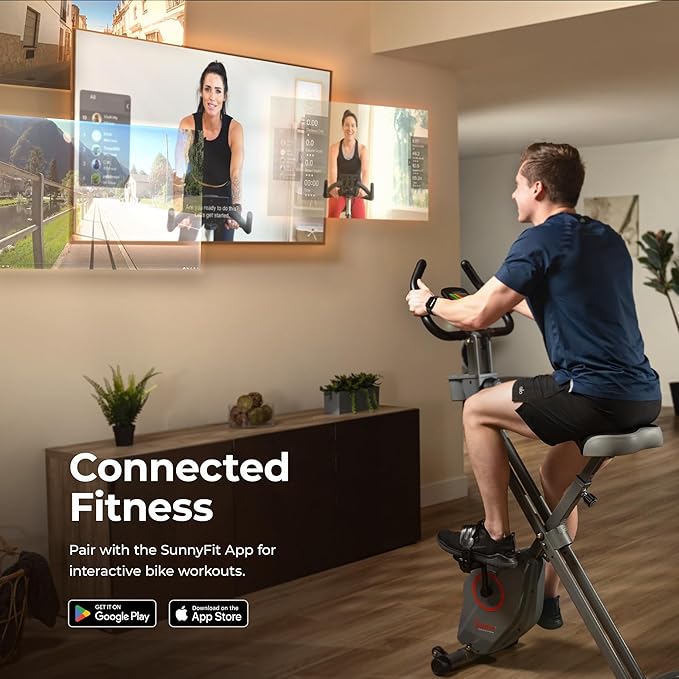 Sunny Health & Fitness Smart Folding X-Bike, Portable Compact Exercise Bike for Indoor Cycling Workout, Home Cardio Training Machine, Free SunnyFit App Bluetooth Connect, Optional Foldable Recumbent