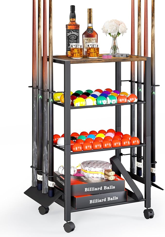 Pool Stick Holder Rack Stand for 8 Cue Sticks - Billiard Game Room Storage Cart with Organizer for Balls, Pool Table Accessories and Equipment - Heavy Duty Floor Stand Cue Stick Rack for Home or Bar