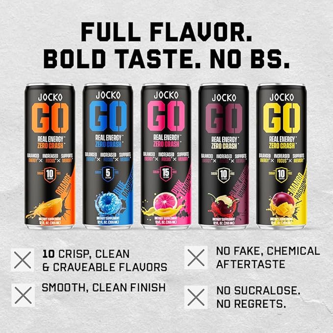 Jocko Fuel Blue Raspberry Energy Drink, 12 Pack, 0 Sugar, 95mg Caffeine, Supports Brain Health