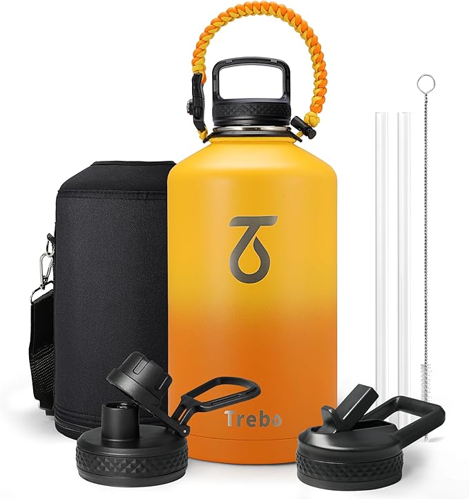 Trebo 128 oz 1 Gallon Water Bottle Insulated with Paracord Handle and Straw,Vacuum Stainless Steel Large Water Jug Keep Cold 48 Hours,Water Flask with 3 Lids for Men Women Sports,Gym, Orange