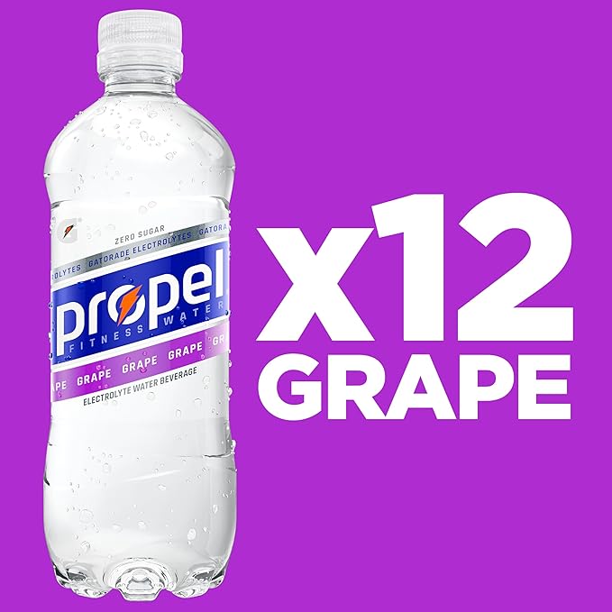 Propel Electrolyte Enhanced Water Sports Drink, Grape Flavored Water, Zero Calorie & Zero Sugar Hydration with Electrolytes and Vitamins C & E, 16.9 fl oz Water Bottles (12 Pack)