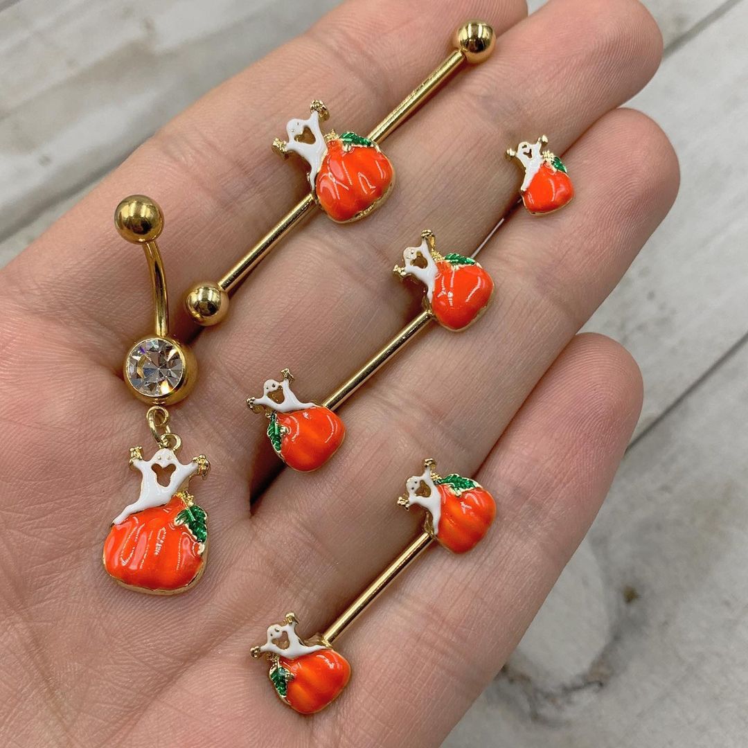 16G 5/16 Gold Tone Haunted Pumpkin Halloween Labret Monroe Tragus