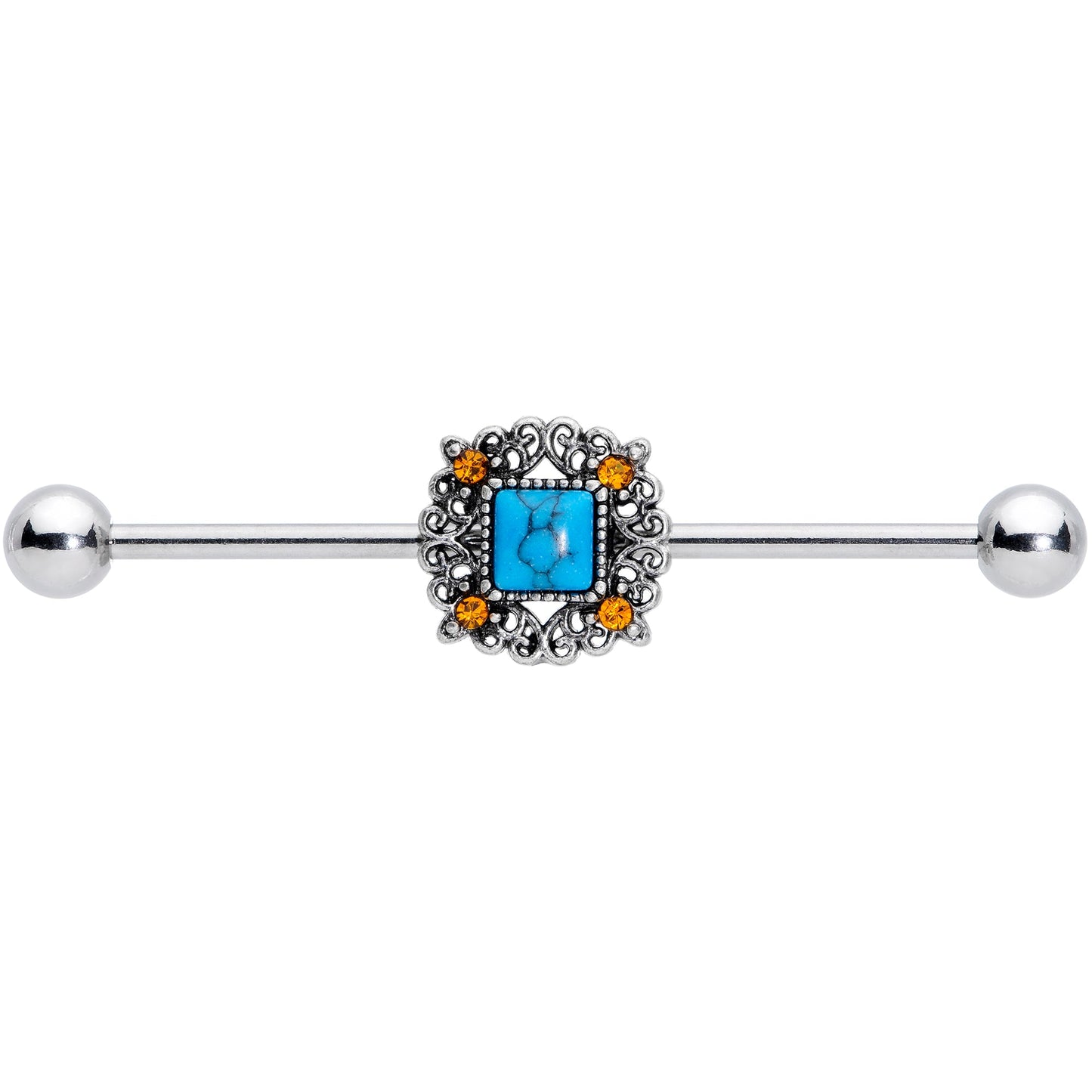 14G Yellow Gem Blue Faux Turquoise Square Industrial Barbell 38mm
