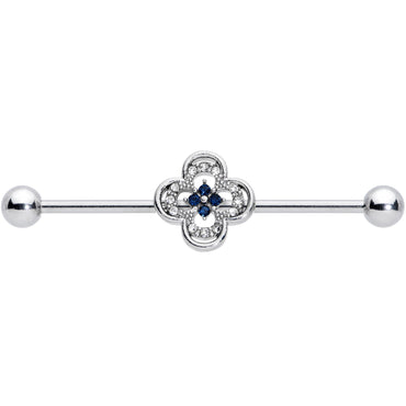 14G Blue Gem Stylized Deco Cross Industrial Barbell 38mm