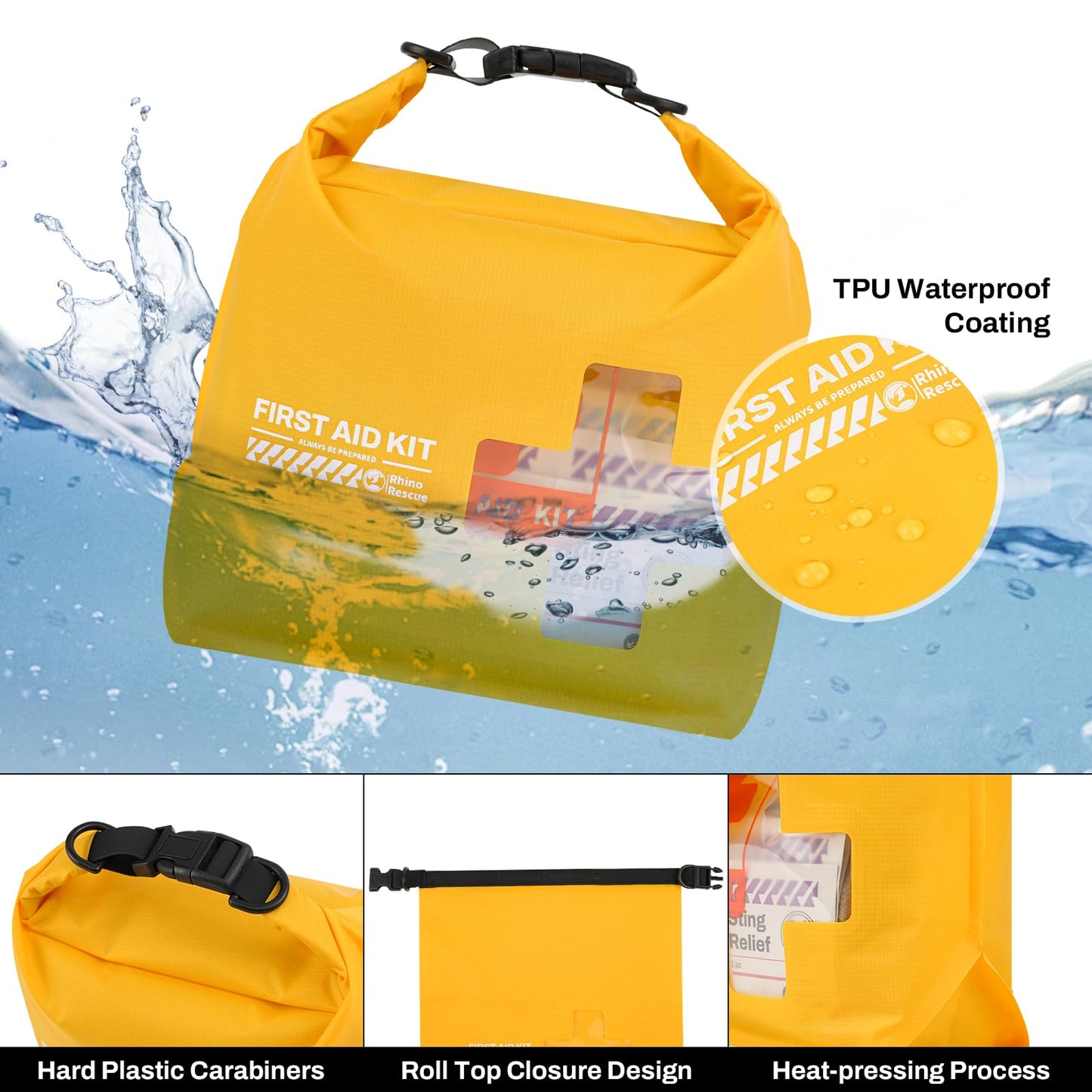 RHINO RESCUE Waterproof Boat First Aid Kit, Lightweight Boat Accessories Dry Bag, Emergency Marine Survival Supplies for Outdoor Kayak, Fishing, Floating, Swimming, Beach & Camping (Yellow)