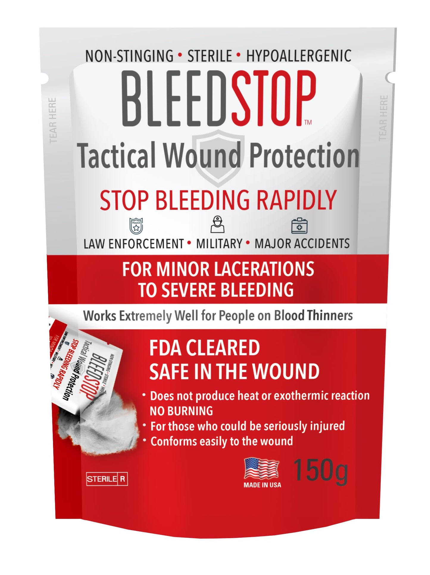 BleedStop™ First Aid Powder for Blood Clotting, Trauma Kit, Blood Thinner Patients, Camping Safety, and Survival Equipment for Moderate to Severe Bleeding Wounds or Nosebleeds - 4 (15g) Pouches