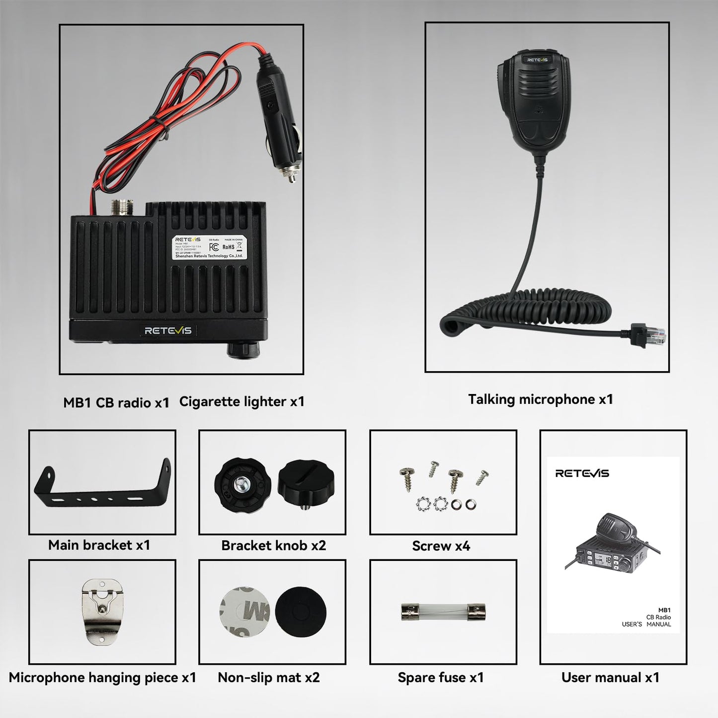 Retevis MB1 40 Channel CB Radio, Noise Cancellation Long Range Mobile Radio, with CB Antenna and Cigarette Lighter, Emergency Channel 9/19, 7-Color Screen, Auto-Scan, External Speaker Jack for Trucker