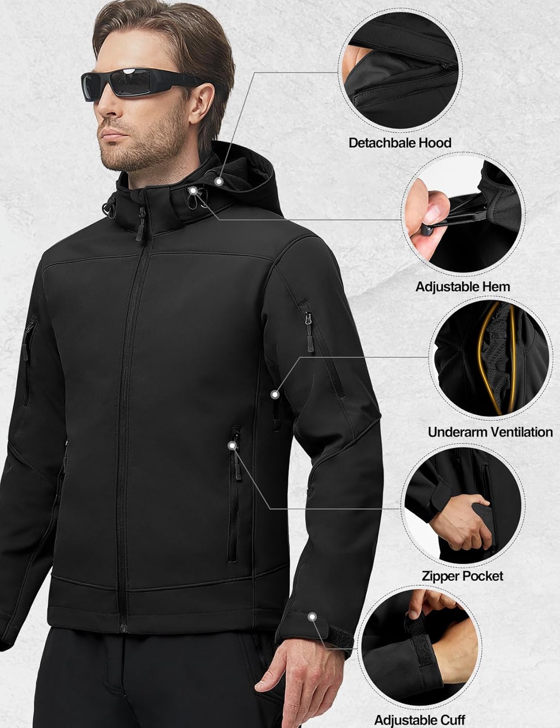 FREE SOLDIER Softshell Jackets for Men Water Resistant Fleece Lined Tactical Hunting Winter Windbreaker with Detachable Hood(Black,XL)