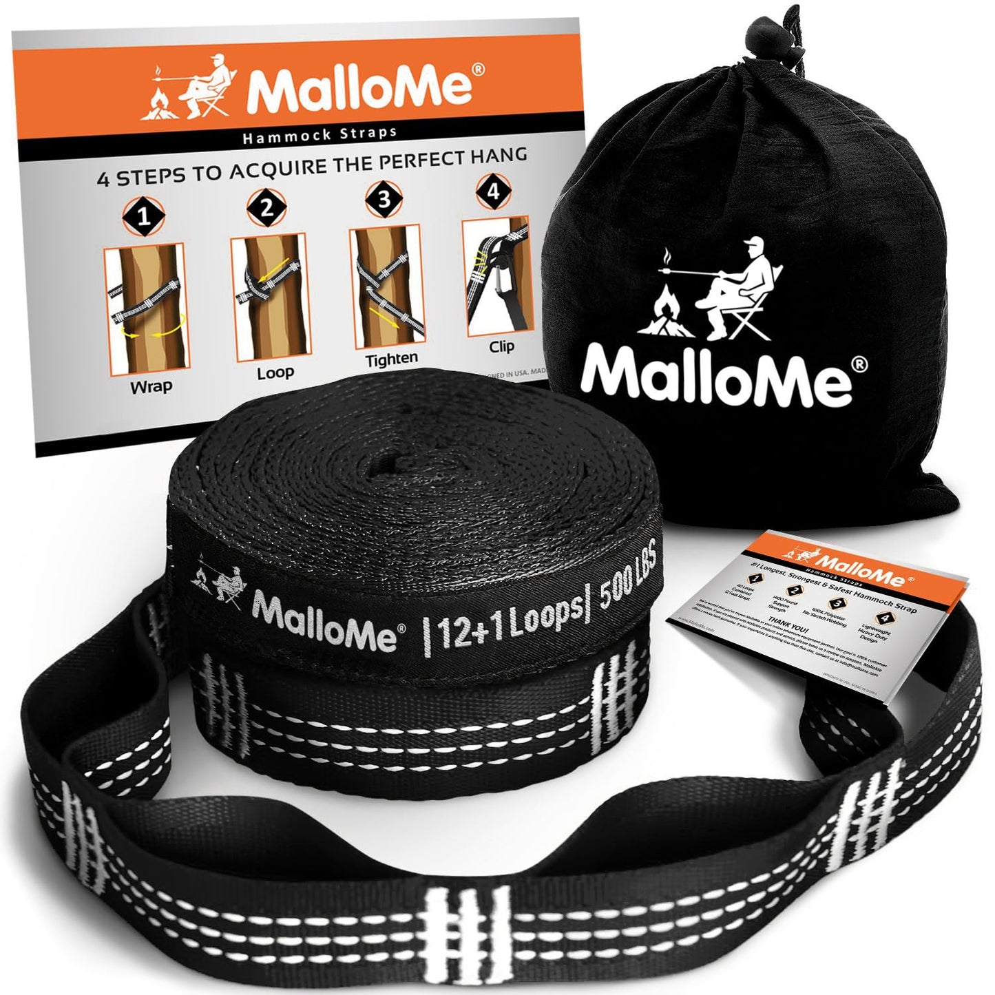 MalloMe XL Hammock Straps for Trees - Hammock Tree Straps Set 2000+ LBS Heavy Duty 40 Loops & 100% No Stretch Suspension System Kit - Camping Hammocks Accessories | 2 Carabiners | 12 Feet Black