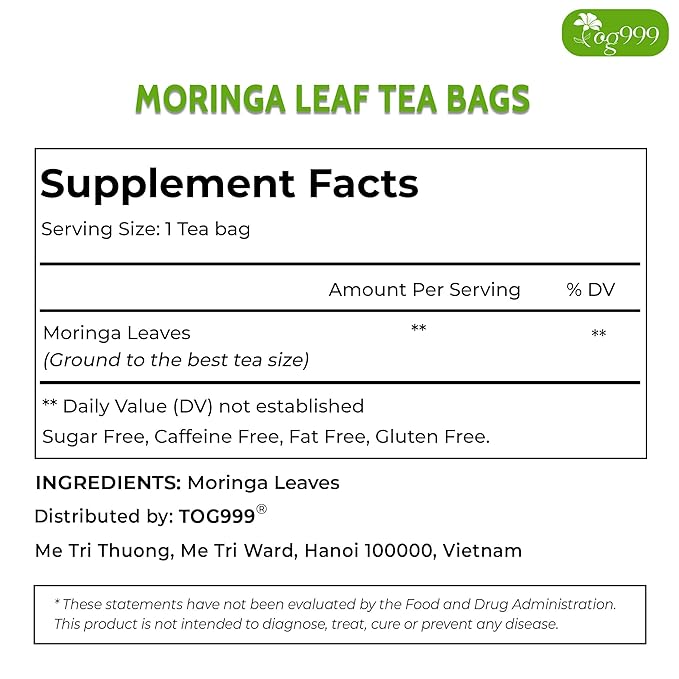 TOG999, Premium 200 Moringa Leaf Tea Bags, 100% Natural & Pure from Moringa Leaves. Loose Leaf Moringa Herbal Tea. Moringa Leaf Tea. No Sugar, No Caffeine, No Gluten, Vegan.