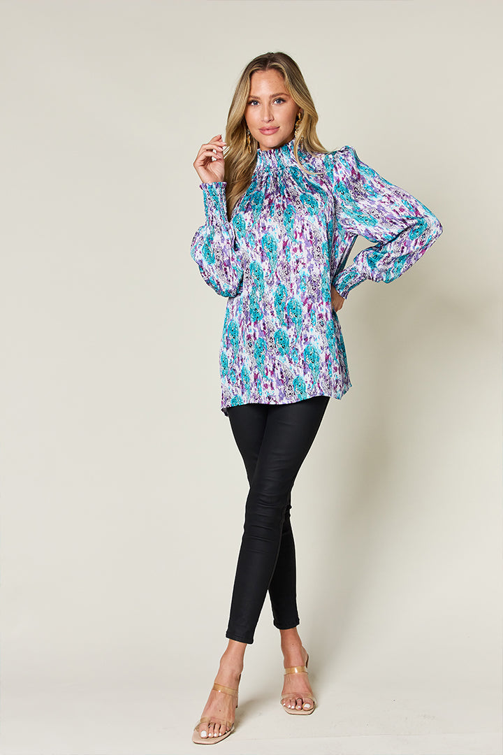 Semi-Sheer Smocked Top with Long Sleeves & Frills
