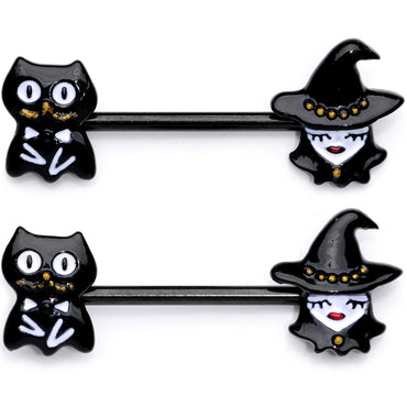 14G 9/16 Black Cat Pretty Witch Halloween Barbell Nipple Ring Set